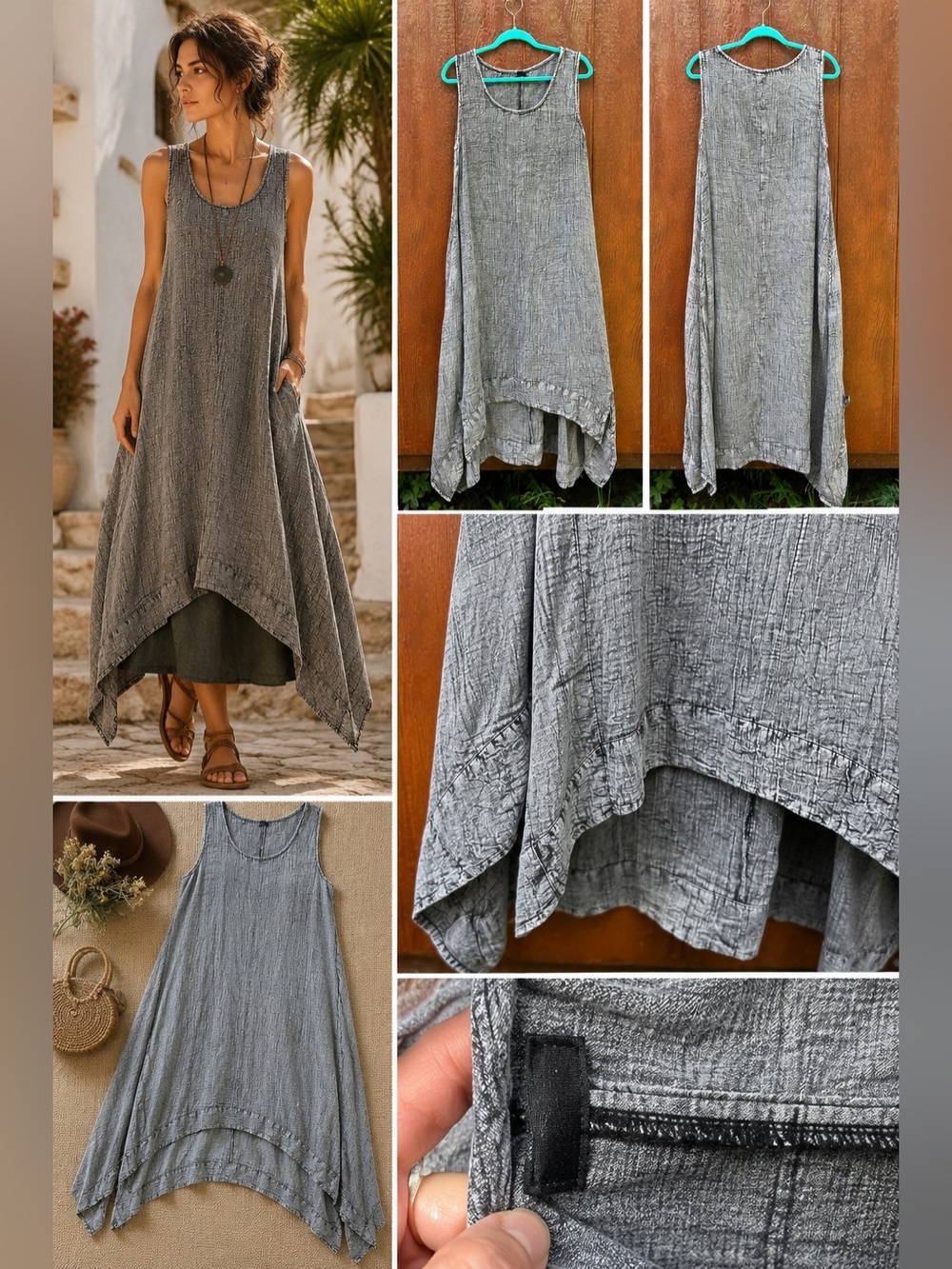 Tulip Lagenlook 100% Cotton Sleeveless Dress Gray Crinkle Midi Maxi Size Small